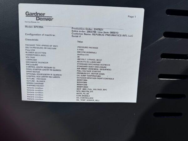 Low Hour, Gardner Denver Model Bp009a, 40 HP, Q Series Blower Package - Image 2